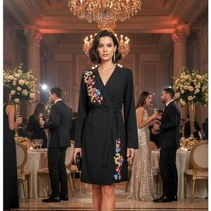 Tanya Taylor Luna Black Floral Embellished Vneck Mini Dress